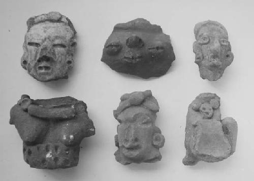 Figurine fragments (5), face from jar (1)