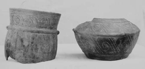 Tripod semi-seed jar and goblet, bown-black fine incised Miraflores ware.