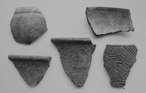 Usulutan bowl (2) and buff cylinder (3) sherds