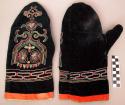 Mittens, embroidered black cloth exterior, red and blue banded cuffs, fur lined