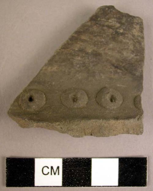 Fragment of plain grey ware pot handle & 1 plain grey ware potsherd with row of