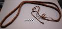 Rope, double braided brown and dark brown fiber, 1 end looped, ends tapering