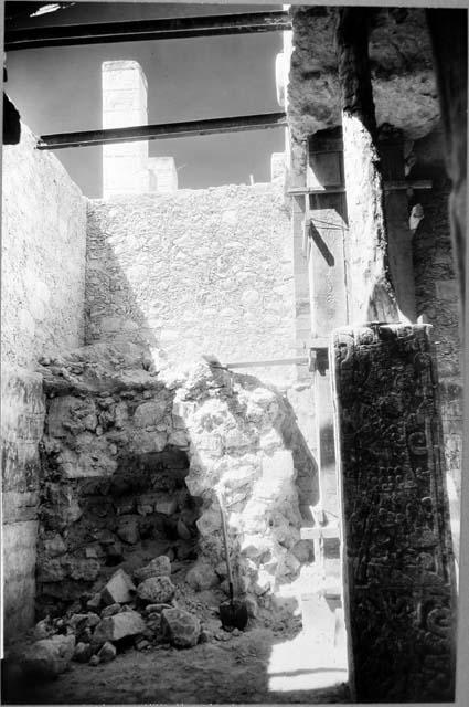 T. of Chac Mool showing I - beams for roof + built-up walls, sculptured +