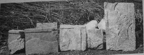 2D7. Sculptured stones from S side of base.