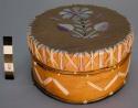 Round bark box decorated with porcupine quill decoration