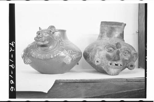 a. Plumbate animal effigy, Jaguar;  b. Plumbate human head jar; Old Man;