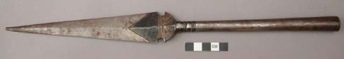 Spear head, iron blade, triangular, painted/incised design at base, socketed end