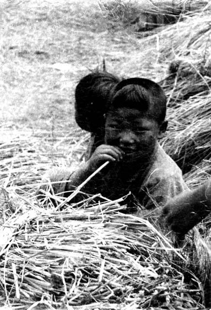 Children in hay; titled "People are still the same in China as anywhere else"