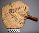 Fan, woven vegetable fiber, 3 points, buff and gray, braided cord wrapped handle