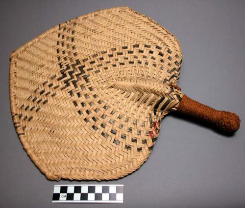 Fan, woven vegetable fiber, 3 points, buff and gray, braided cord wrapped handle