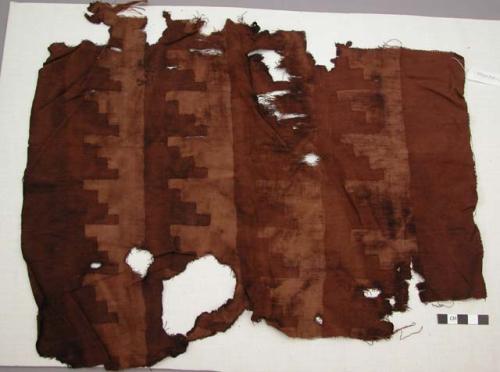 Organic, woven fiber, textile fragment, brown, plainweave, stepped design