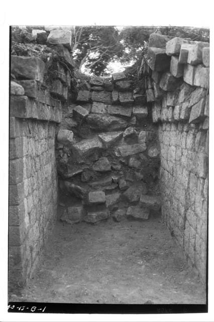 Secondary wall in east-west chamber, Ball court 1; Structure 10