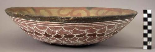 Ceramic, earthenware complete vessel, bowl, polychrome slipped interior and exterior, cord-impressed design