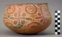 Ceramic, earthenware complete vessel, bowl, rounded base, polychrome slipped, cord-impressed design, incised rim