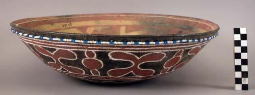 Ceramic, earthenware complete vessel, bowl, cord-impressed, polychrome slipped interior and exterior, glass beads strung around rim