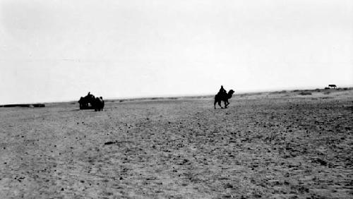 People riding camels through desert