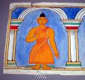 Painting, polychrome on canvas, Buddha figures standing beneath arches