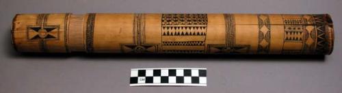 Bamboo tube & cover - incised and blackened decoration.  Originally +