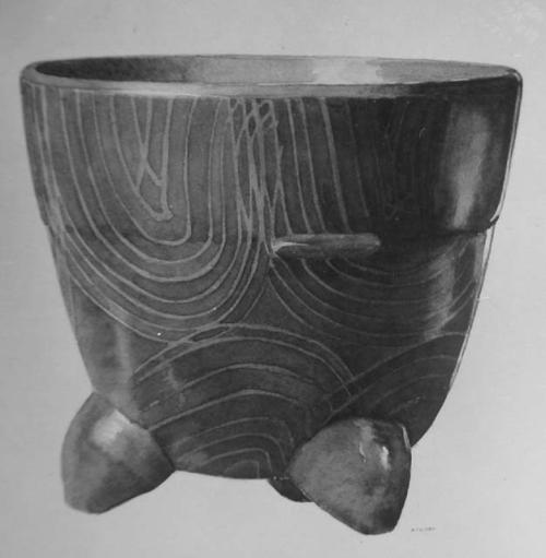 A. Tejeda painting of Uoulntan tripod vessel, hollow cascabel feet