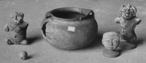 Pottery vessel, figurines, + jade bead from Pit 63