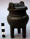 Decorated Copper Alloy Tripod Incense Burner with Wooden Lid
