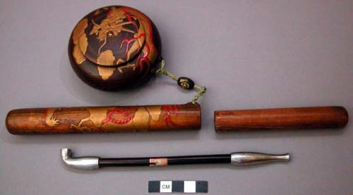 Wooden (and Silver) Opium Pipe Set with Painted Gold Dragon Decor