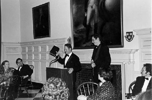 Evon Vogt and Richard Leventhal at podium at dinner in honor of Gordon Willey