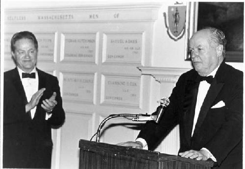 Evon Vogt (L) and Gordon WIlley (R) at dinner in honor of Gordon Willey, April 2