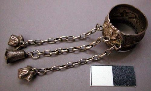 Metal Ring with Three Chain-Link Pendants with Bells Attached