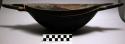 Elongated oval serving dish, wood, stained interior, carved handles; shallow rim
