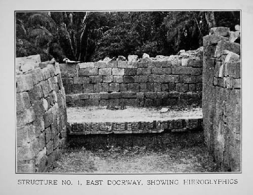 Structure 1, east doorway, showing hieroglyphics, (caption under