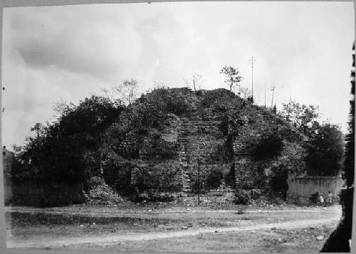 View of pyramid in city plaza, from south