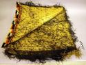 Cape, woven fiber, embroidered yarn border, twisted fiber fringe