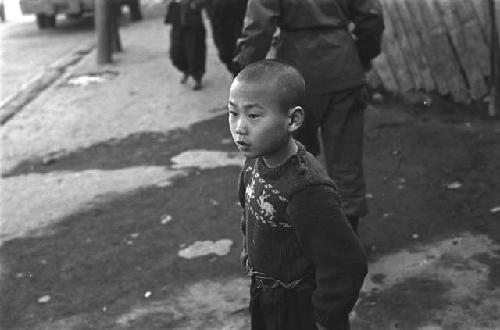 Young boy wearing a sweater with knitted rabbit design