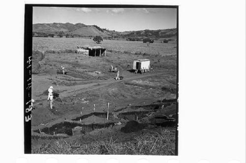 Sections excavated at W side of Mound 2, from top of Mound 2 looking NW