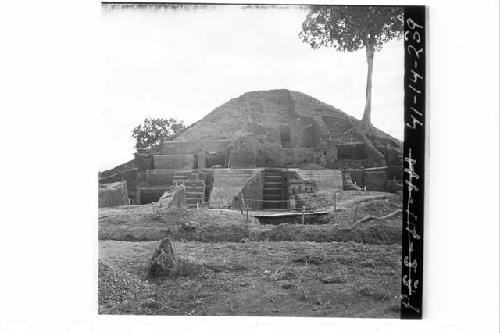 Mound 1 from E center of S. Plaza.  Looking SSE Mound 1-N.