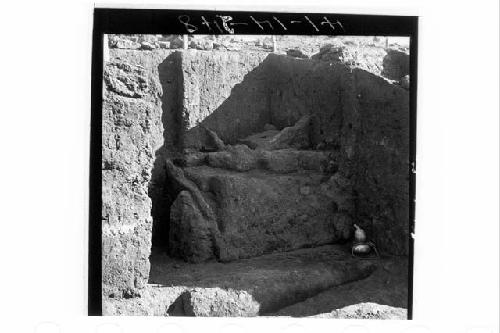 Wall at corner of terrace 2 (Phase III).  Phase I floor in foreground.  Mound 2-