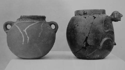 Unslipped jar and Black-brown effigy jar, side view for front see 49-1-62, close