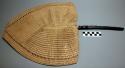 Fan, woven fiber blade, serrated tip, wood handle, braided fiber binding