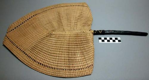 Fan, woven fiber blade, serrated tip, wood handle, braided fiber binding