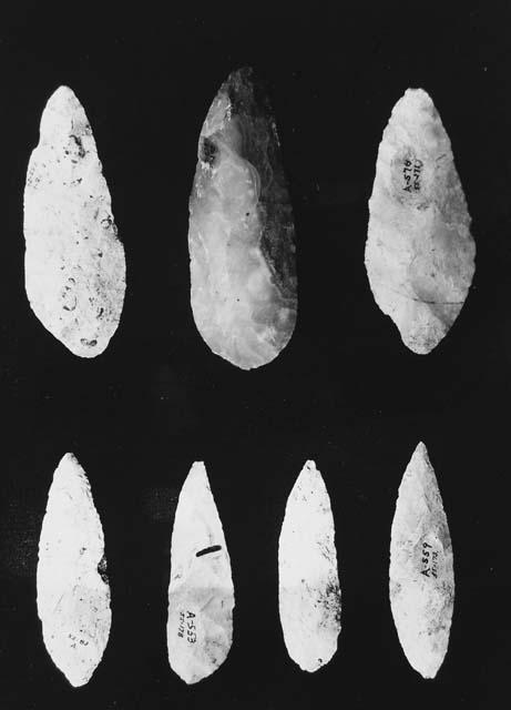 Flint knives, Class E- 13b. cat # 52-23; 55-243; 55-271; 52-83; 55-178; 52-15; 5