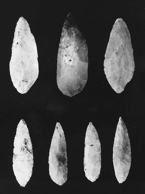 Flint knives, Class E- 13b. cat # 52-23; 55-243; 55-271; 52-83; 55-178; 52-15; 5