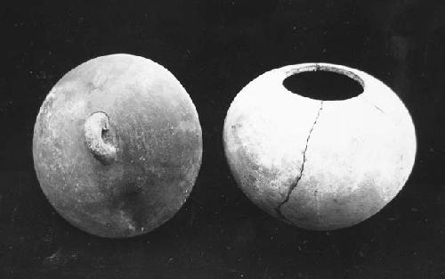 L: Mayapan red pot lid.  R: Restricted orifice bowl - contained cremation.