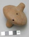Ceramic top ocarina and rattle, discoidal body with two tubes, 3 perforations