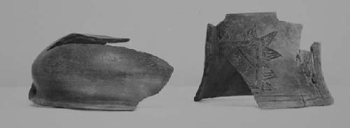 Fragmentary bowls, pol. black & coarse incised.