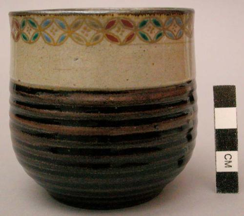 Ceramic cup, beige and brown glaze, geometric design