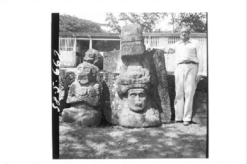 Huge stone head with headdress in the round