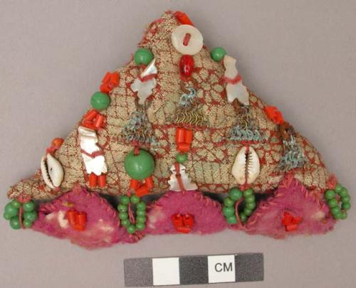 Ornament, triangular pillow, embroidered, sewn glass, shell, metal buttons