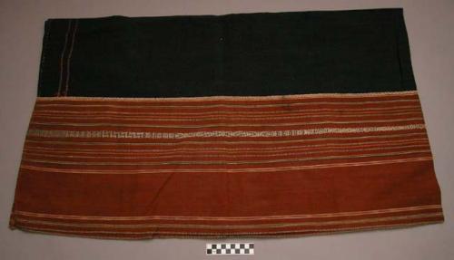 Man's blanket. Centre section:black with 2 narrow zigzag white & red weft stripe