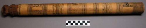 Bamboo tube & cover - incised and blackened decoration.  Originally +